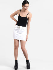 Kotty Women White Solid Denim Straight Mini Skirt