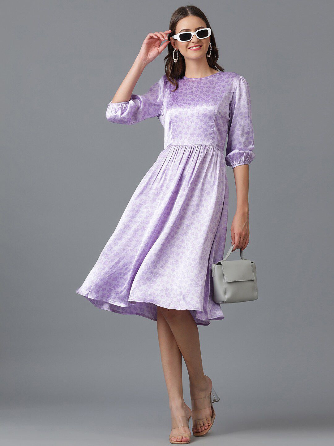 Kotty Lavender Floral Printed Satin Fit & Flare Mini Dress
