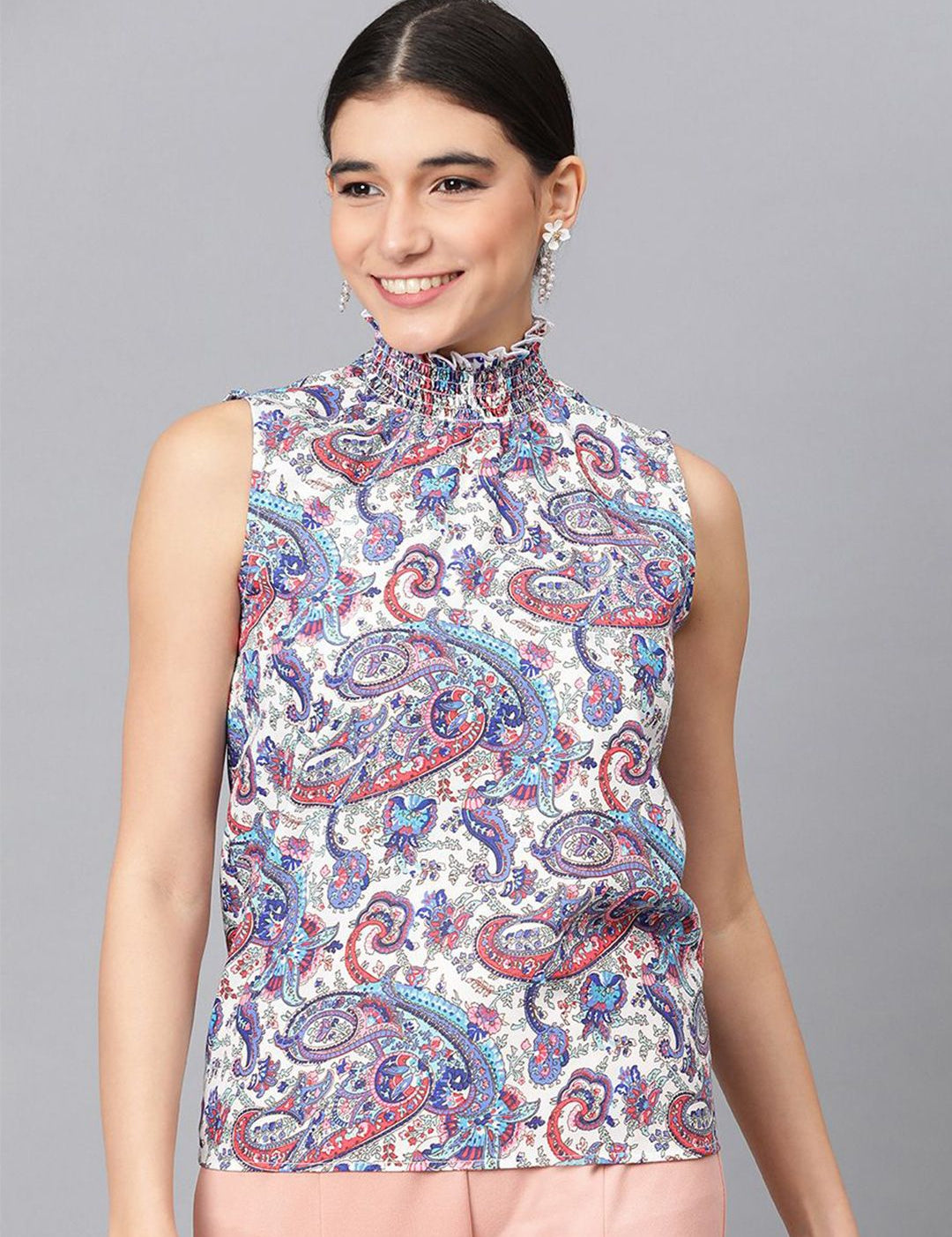 Kotty Floral Printed High Neck Sleeveless Crepe Top