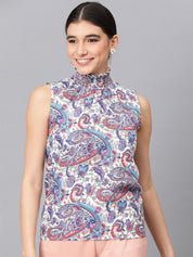 Kotty Floral Printed High Neck Sleeveless Crepe Top