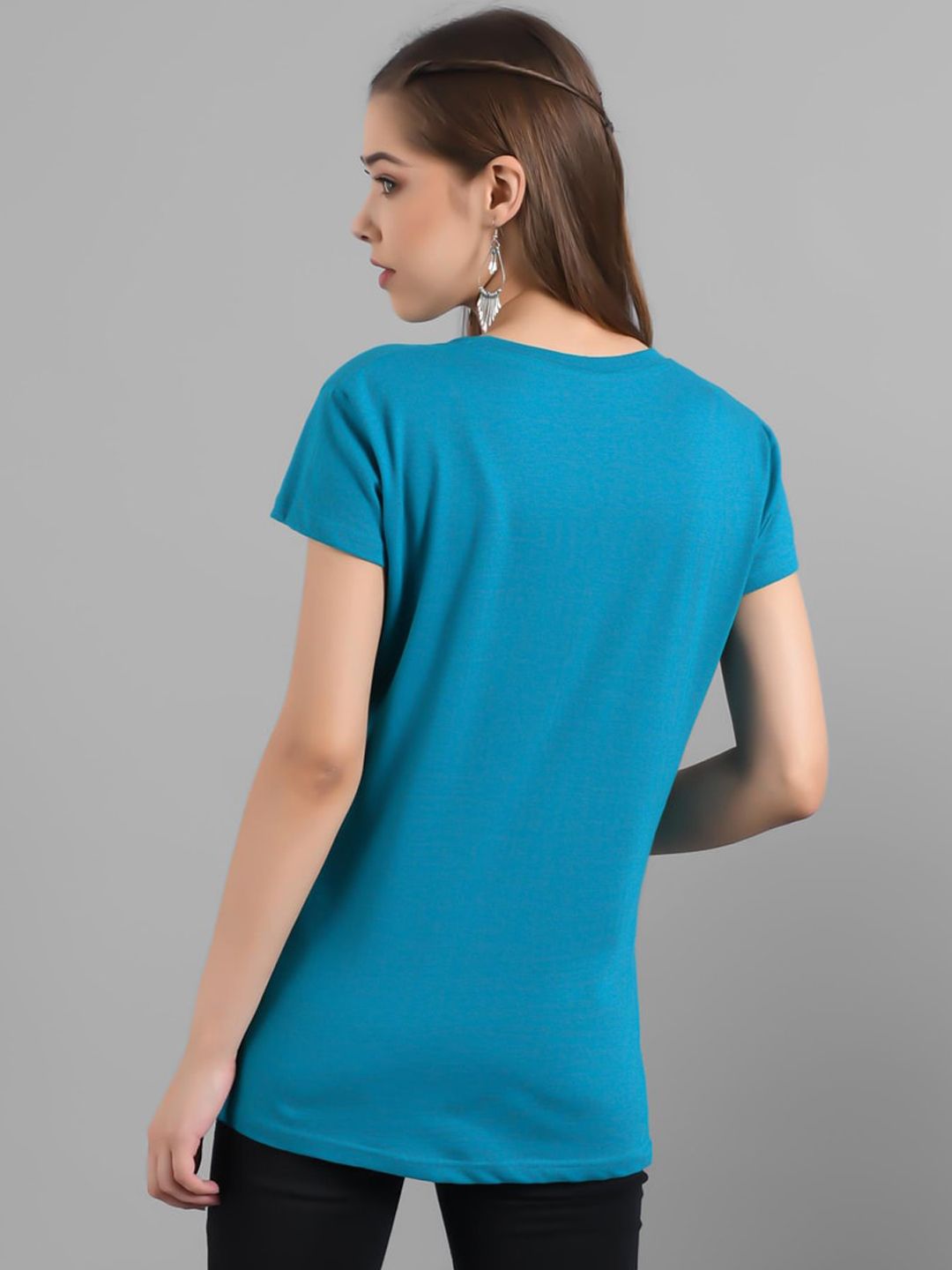 Kotty Women Turquoise Blue Printed Round Neck T-shirt
