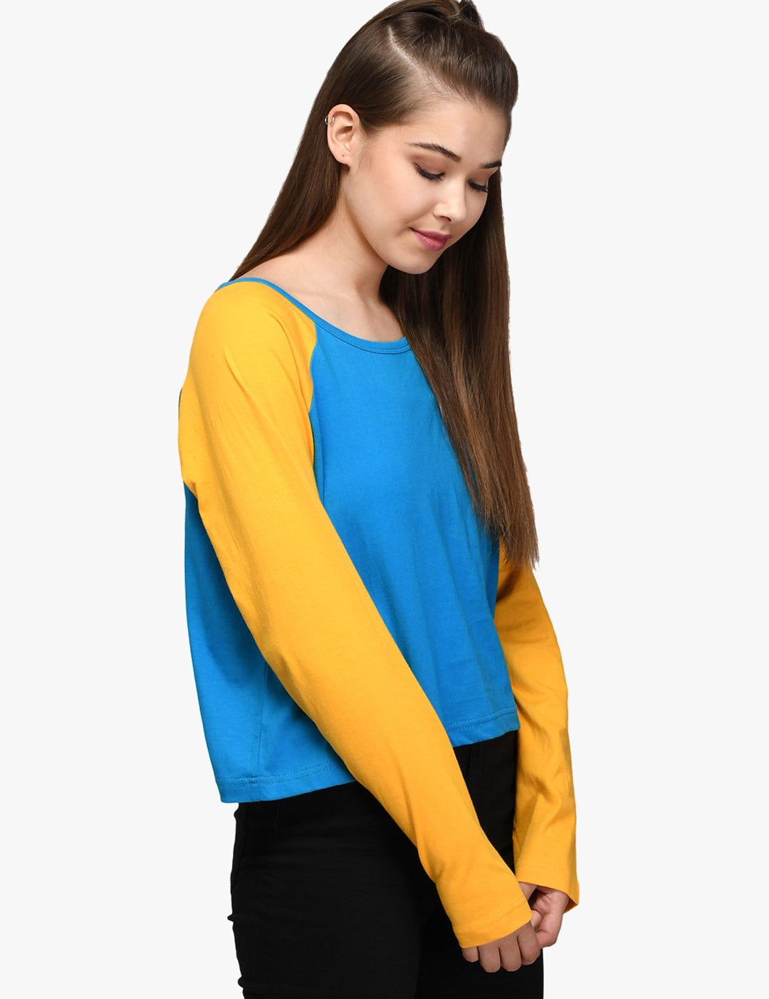 Kotty Women Blue & Yellow Colourblocked Round Neck T-shirt