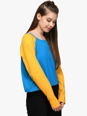 Kotty Women Blue & Yellow Colourblocked Round Neck T-shirt