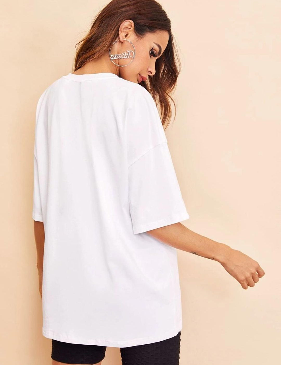 KOTTY Basics White Round Neck Drop-Shoulder Sleeves Cotton Longline Casual Oversized T-shirt