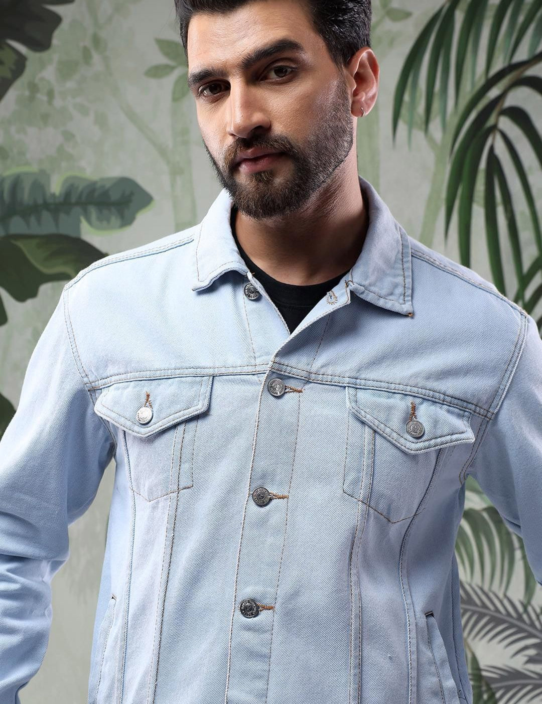 Kotty Men Solid Spread Collar Insulator Pure Cotton Denim Jacket