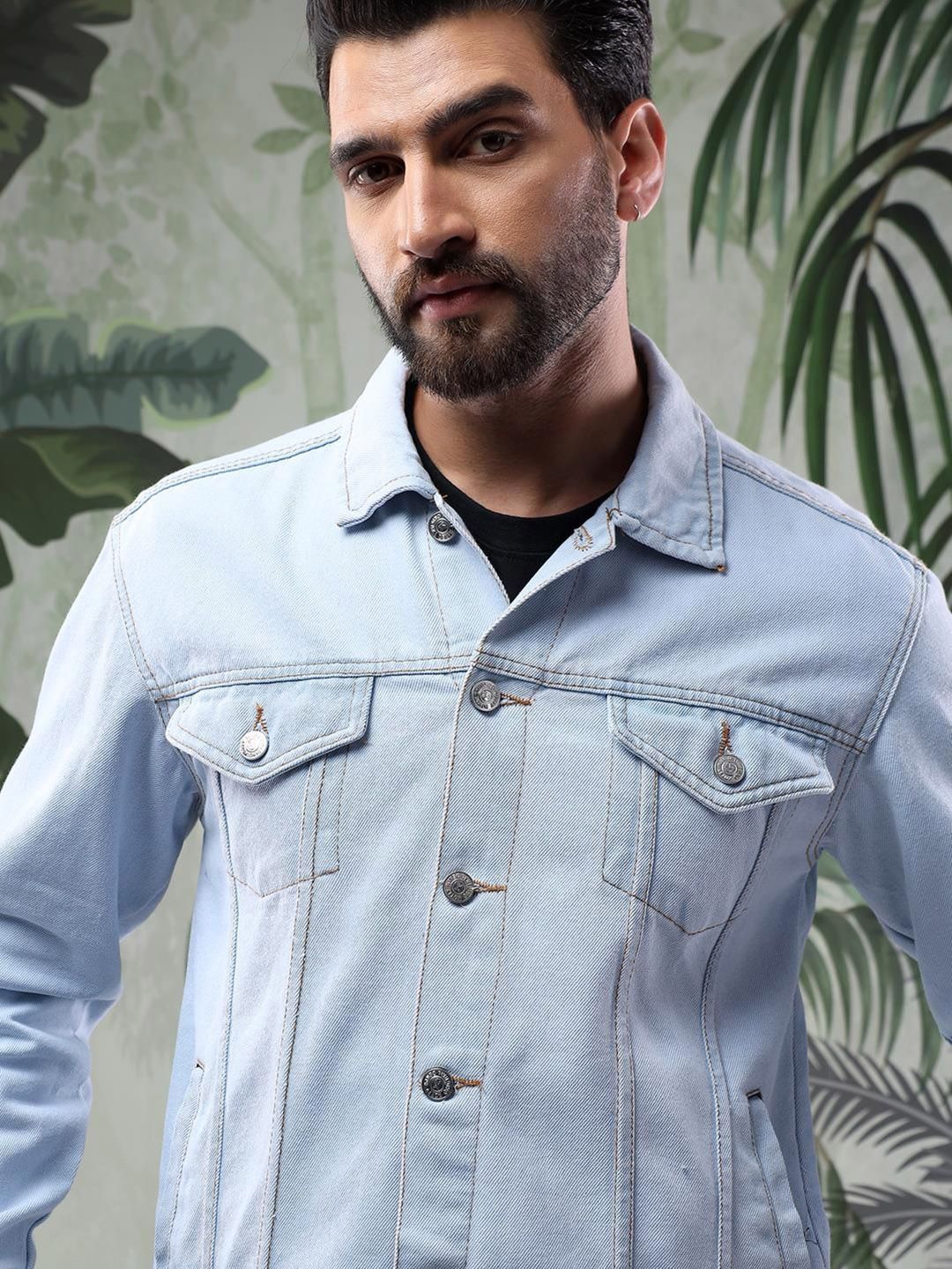 Kotty Men Solid Spread Collar Insulator Pure Cotton Denim Jacket