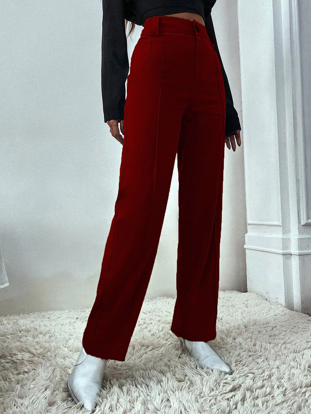 KOTTY BIZwear Women Relaxed Straight Fit High-Rise Easy Wash Pleated Parallel Trouser