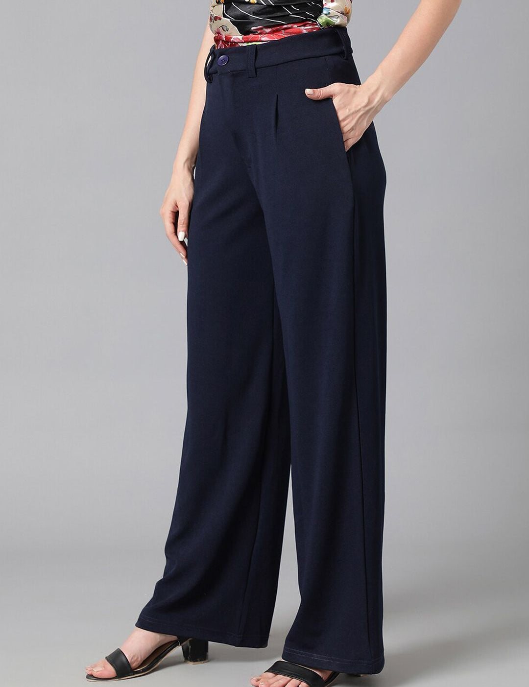 KOTTY BIZwear Women Navy Blue Relaxed Straight Leg  High-Rise Easy Wash Pleated Parallel Trousers