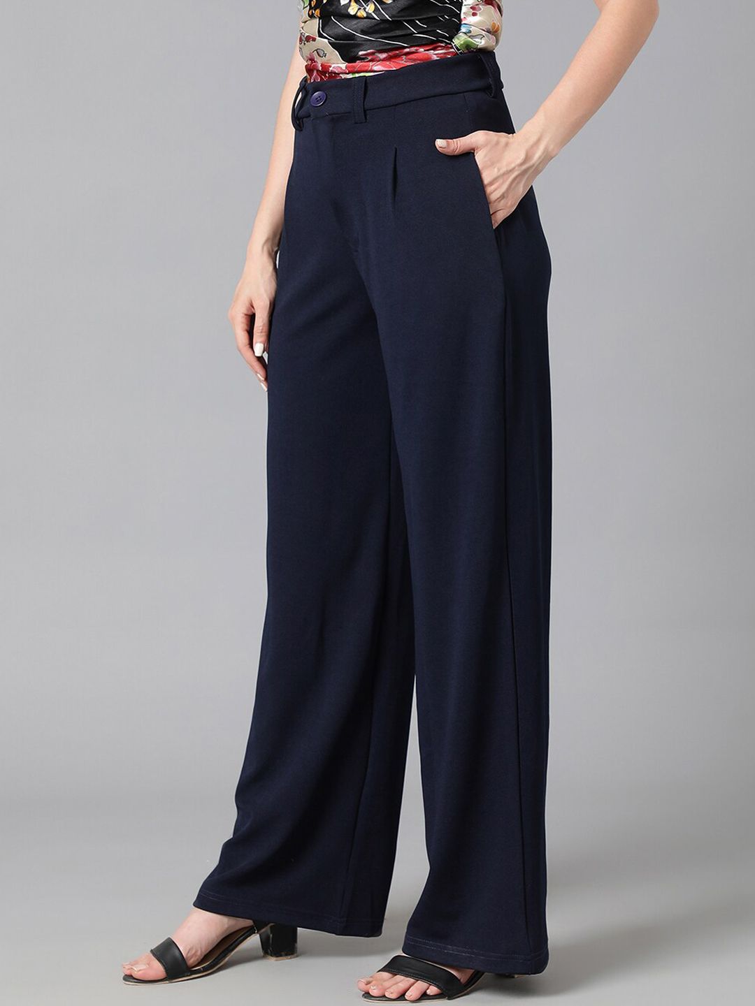 KOTTY BIZwear Women Navy Blue Relaxed Straight Leg  High-Rise Easy Wash Pleated Parallel Trousers