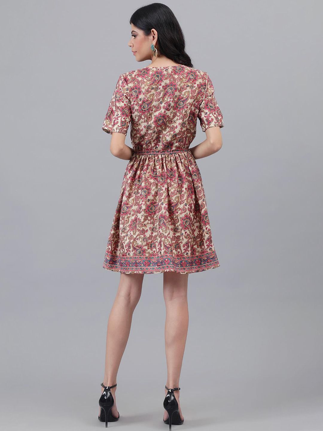 Kotty Brown & Cream Ethnic Motifs Printed Dress