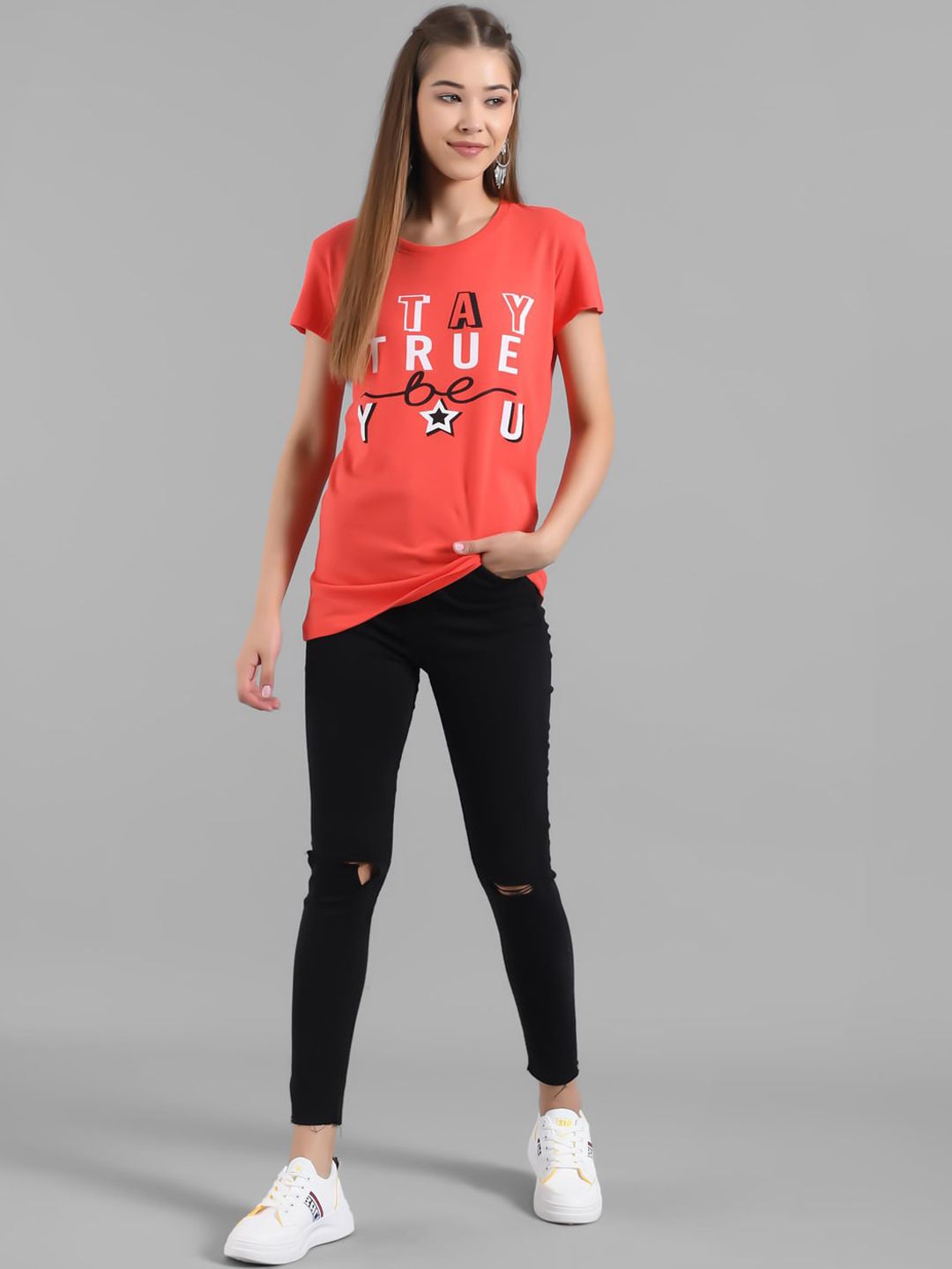 Kotty Women Orange Printed Round Neck Longline T-shirt