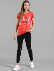 Kotty Women Orange Printed Round Neck Longline T-shirt