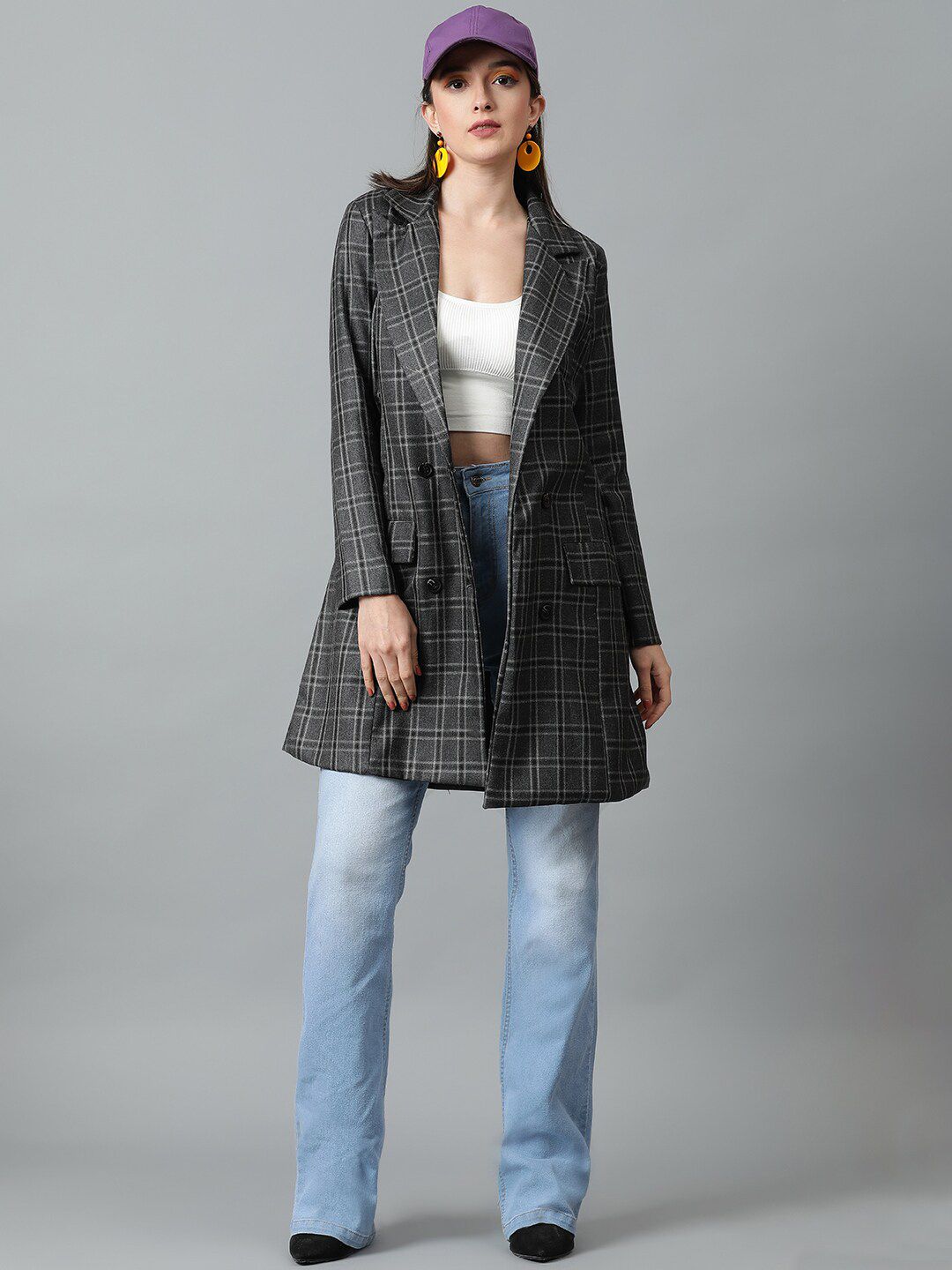 KOTTY BIZwear Grey Checked Double-Breasted Overcoat