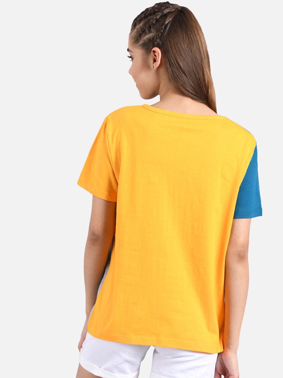 Kotty Women Yellow & Navy Blue Colourblocked Round Neck T-shirt