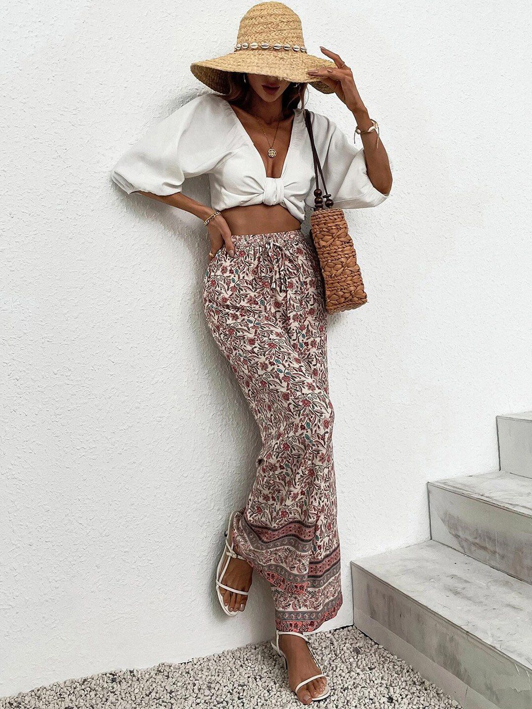 Kotty Women Cream-Coloured Ethnic Motifs Printed Relaxed Straight Fit High-Rise Easy Wash Trousers