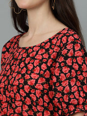 Kotty Black & Red Floral Printed Crepe Tiered Fit & Flare Midi Dress