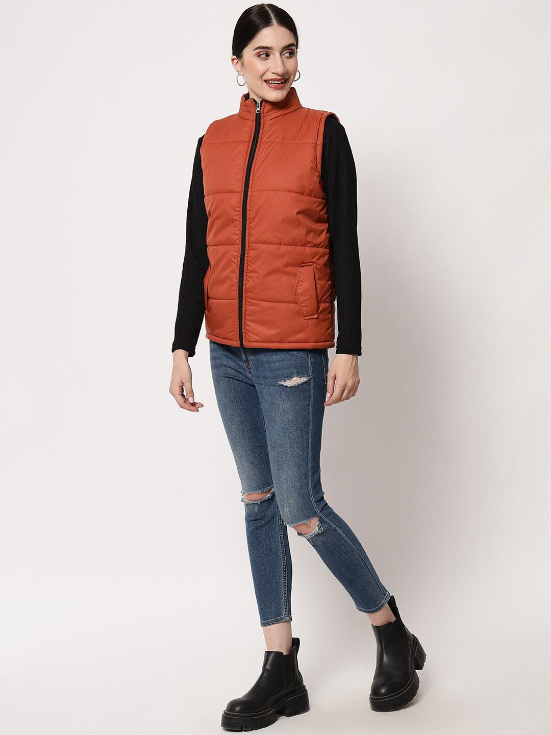 Kotty Women Brown Solid Sleeveless  Padded Jacket