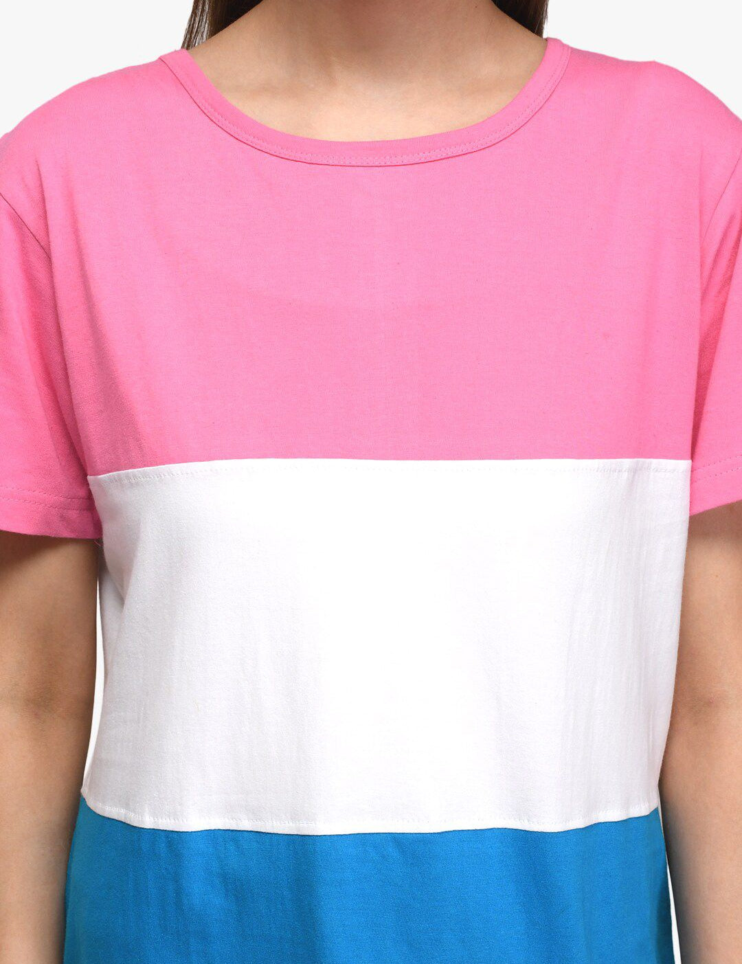 Kotty Women Pink & White Colourblocked Round Neck T-shirt
