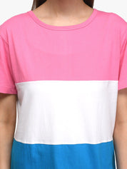 Kotty Women Pink & White Colourblocked Round Neck T-shirt