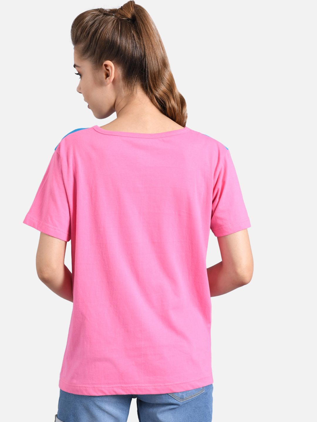 Kotty Women Pink & Yellow Colourblocked Round Neck T-shirt