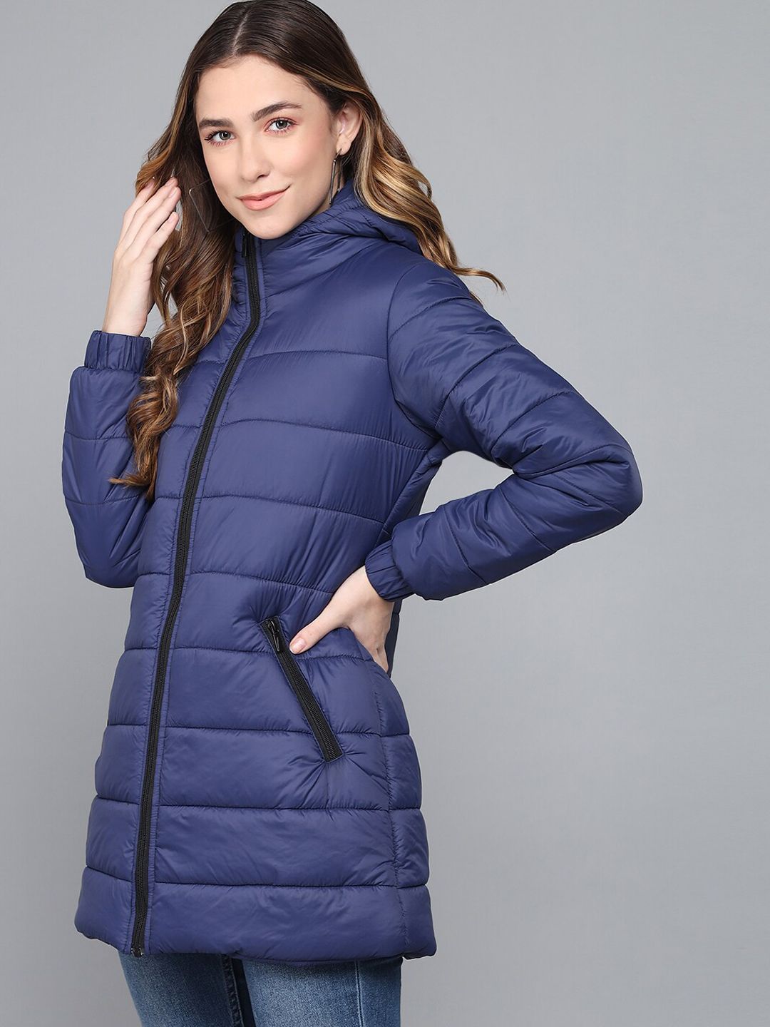 Kotty Women Blue Longline Outdoor Padded Jacket