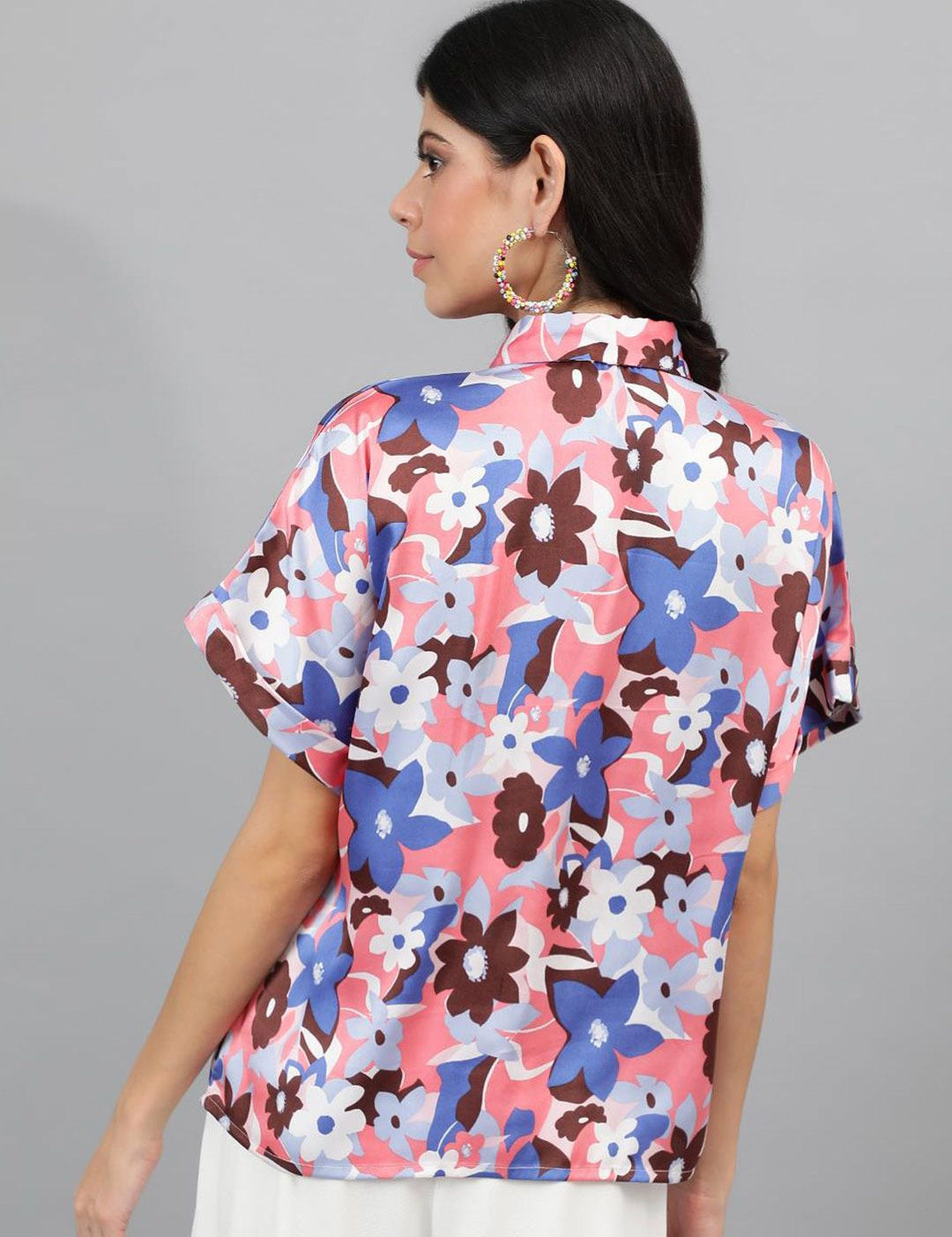 Kotty White & Blue Floral Printed Satin Shirt Style Top