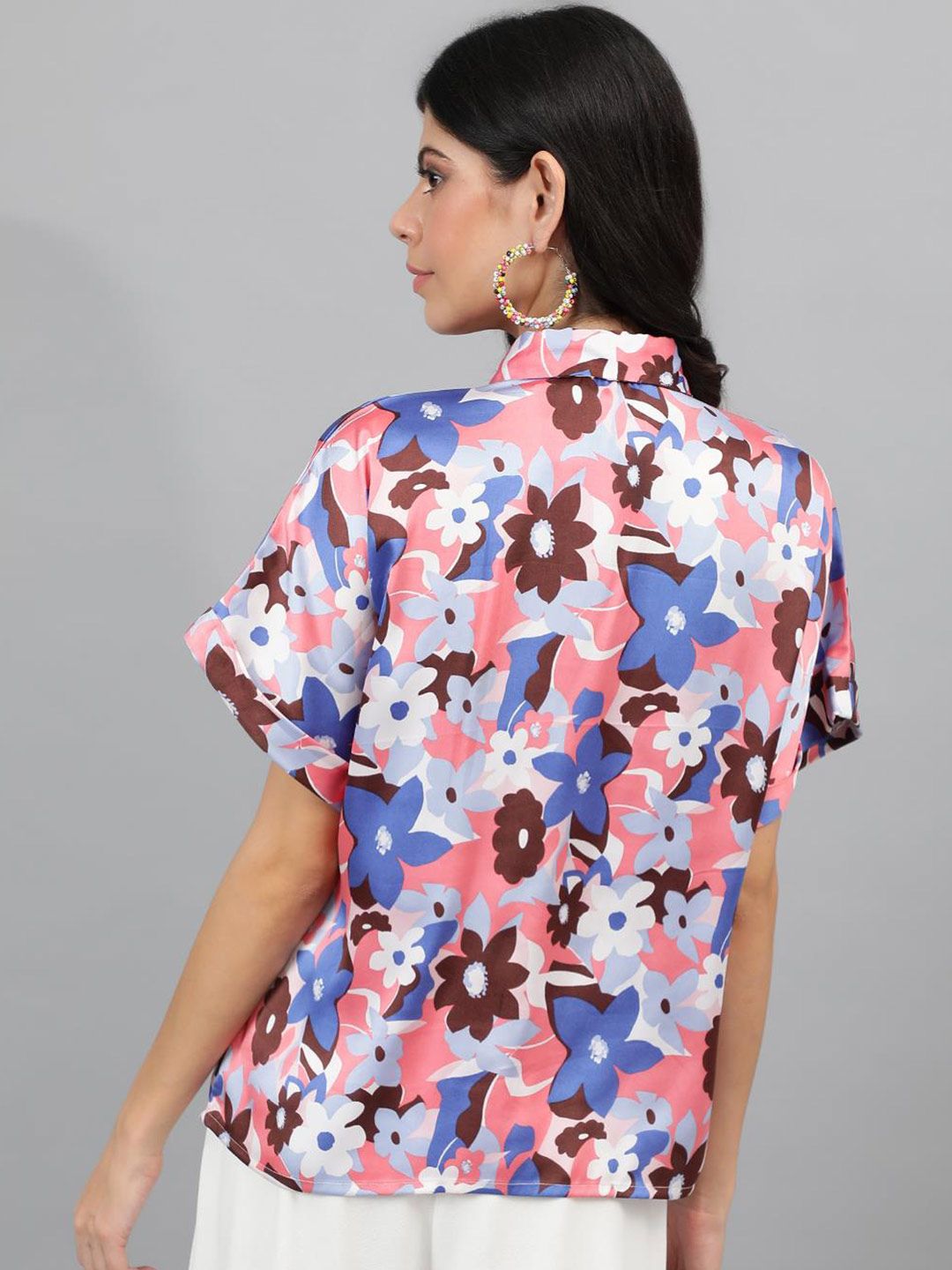 Kotty White & Blue Floral Printed Satin Shirt Style Top