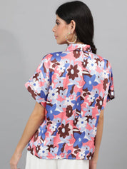 Kotty White & Blue Floral Printed Satin Shirt Style Top
