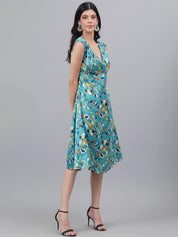 Kotty Sea Green And Blue Floral Printed V-Neck Fit & Flare Midi Dress
