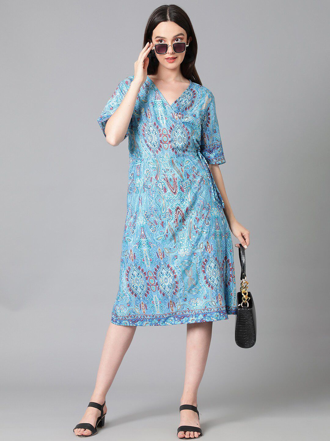 Kotty Ethnic Motifs Printed Midi Wrap Dress