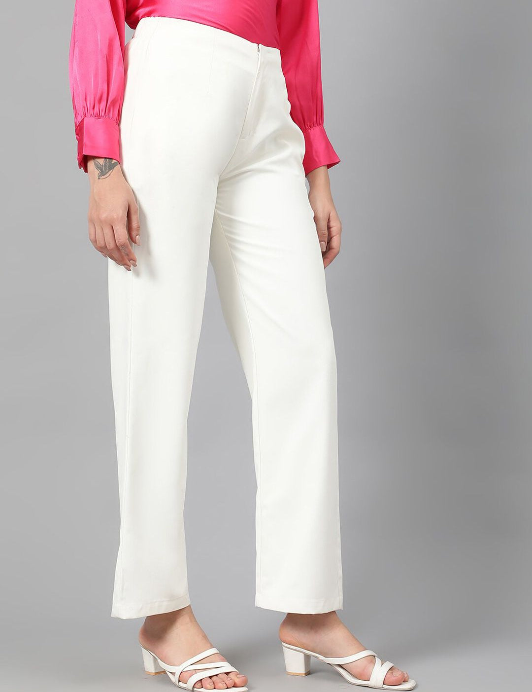 Kotty Women White Relaxed Straight Leg Fit High-Rise Easy Wash Pleated Parallel Trousers