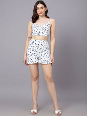 Kotty White & Blue Floral Printed V-Neck Top With Shorts