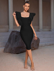 Kotty Black Square Neck Flutter Sleeves Bodycon Dress