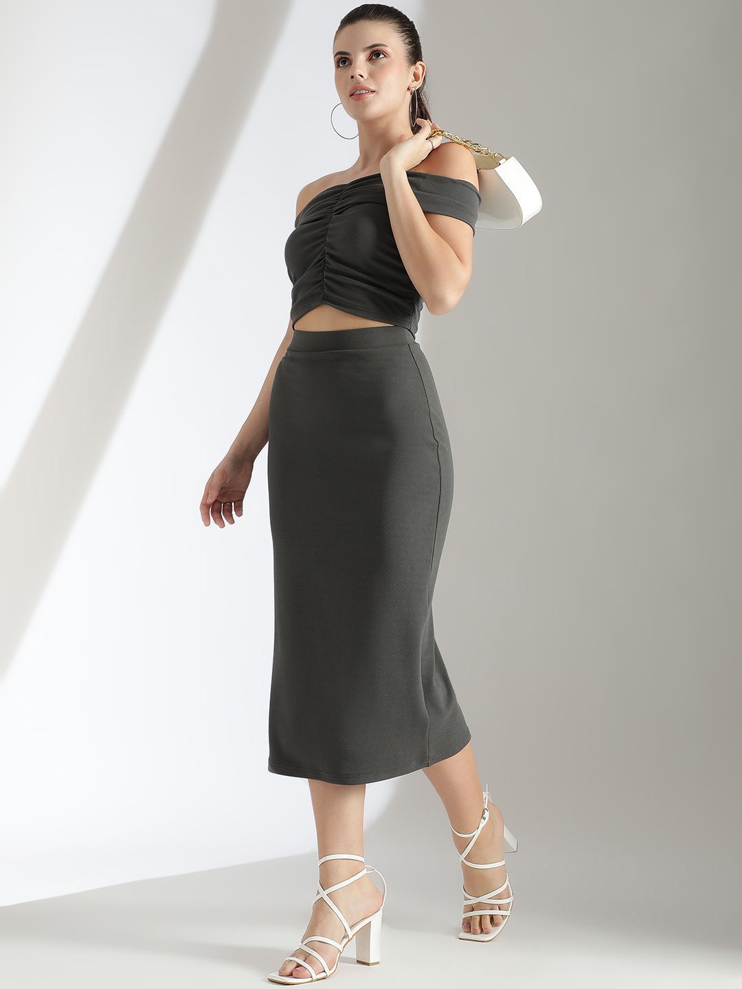 Kotty Grey Off Shoulder Top With Skirt