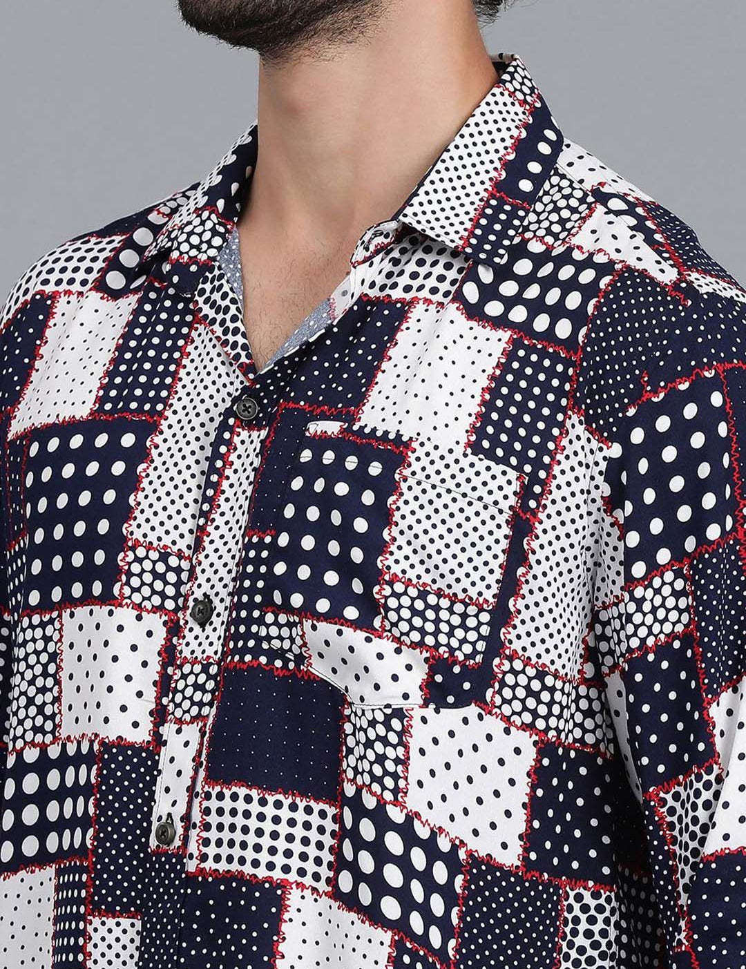 Kotty Navy Blue & White Polka Dot Printed Cutaway Collar Relaxed Fit Casual Shirt