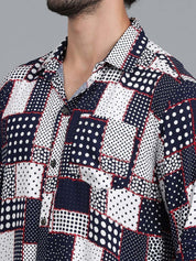 Kotty Navy Blue & White Polka Dot Printed Cutaway Collar Relaxed Fit Casual Shirt