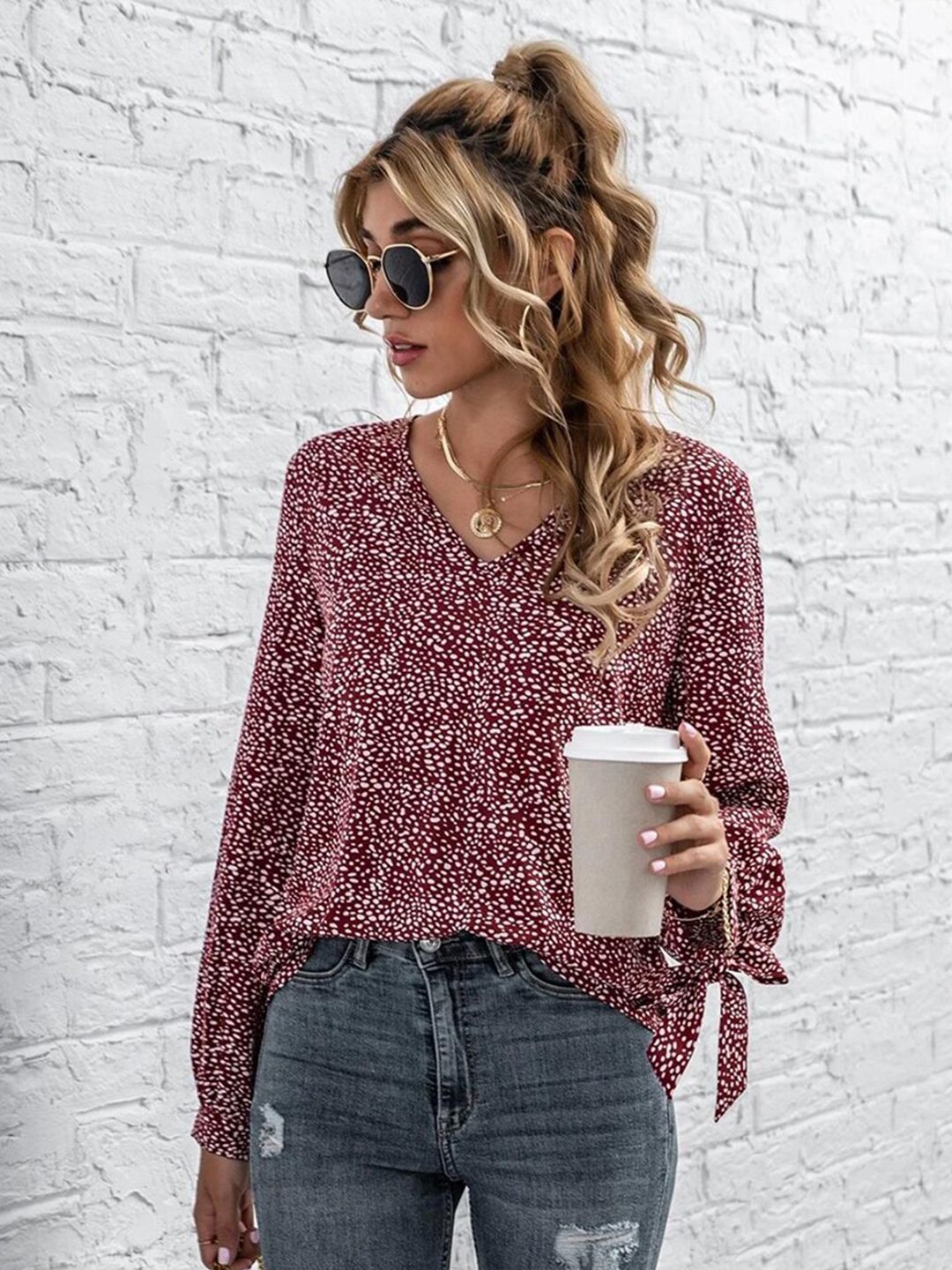 Kotty Women Maroon & White Print Crepe Top