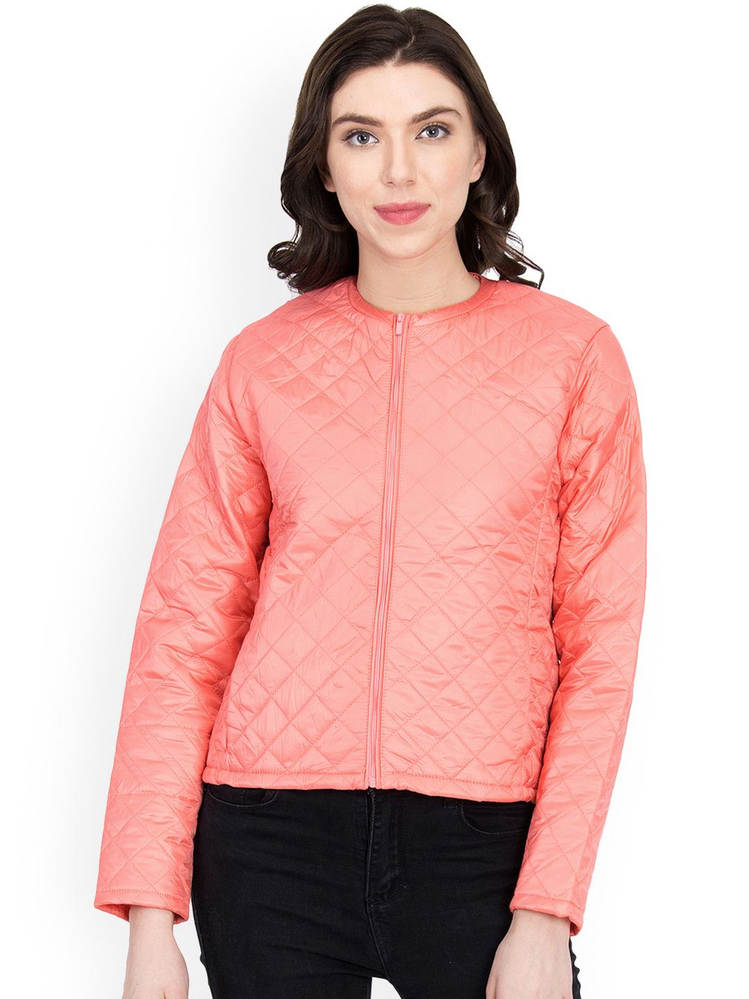 Kotty Women Pink Self Design Quilted Jacket