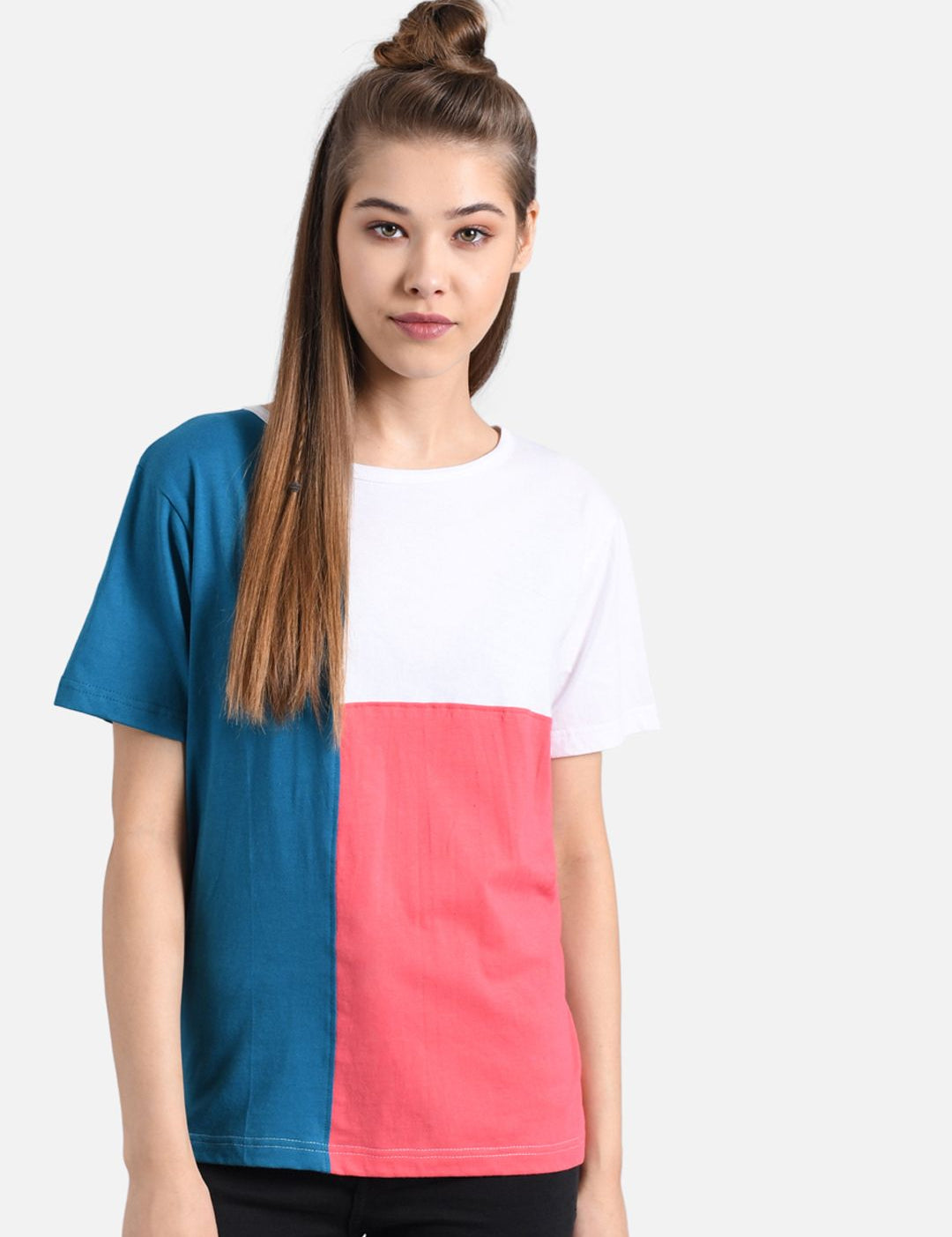 Kotty Women Navy Blue & Coral Pink Colourblocked Boat Neck T-shirt