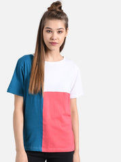 Kotty Women Navy Blue & Coral Pink Colourblocked Boat Neck T-shirt