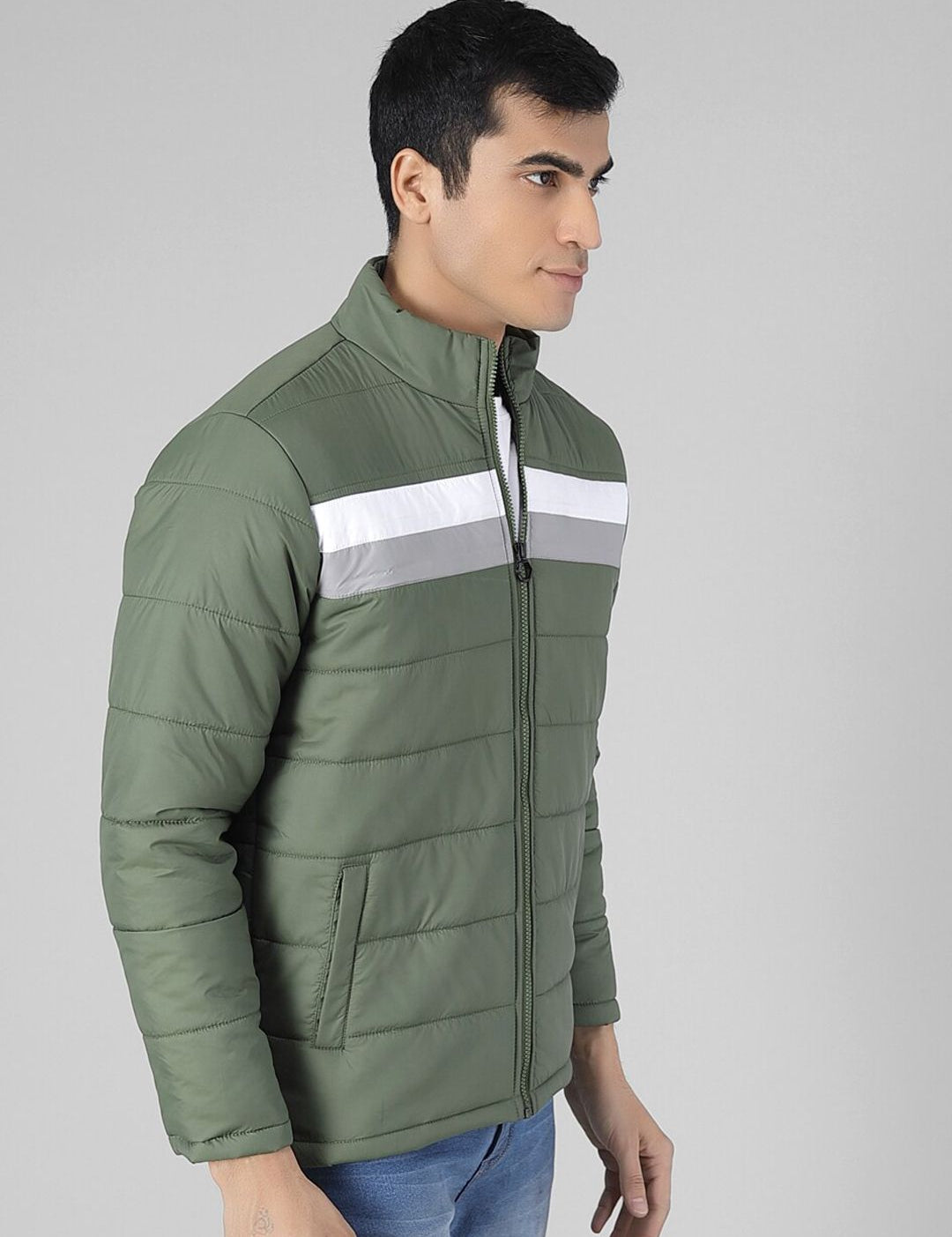 Kotty Men Olive Green Colourblocked Puffer Jacket