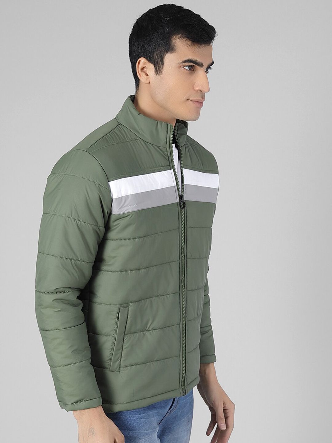 Kotty Men Olive Green Colourblocked Puffer Jacket