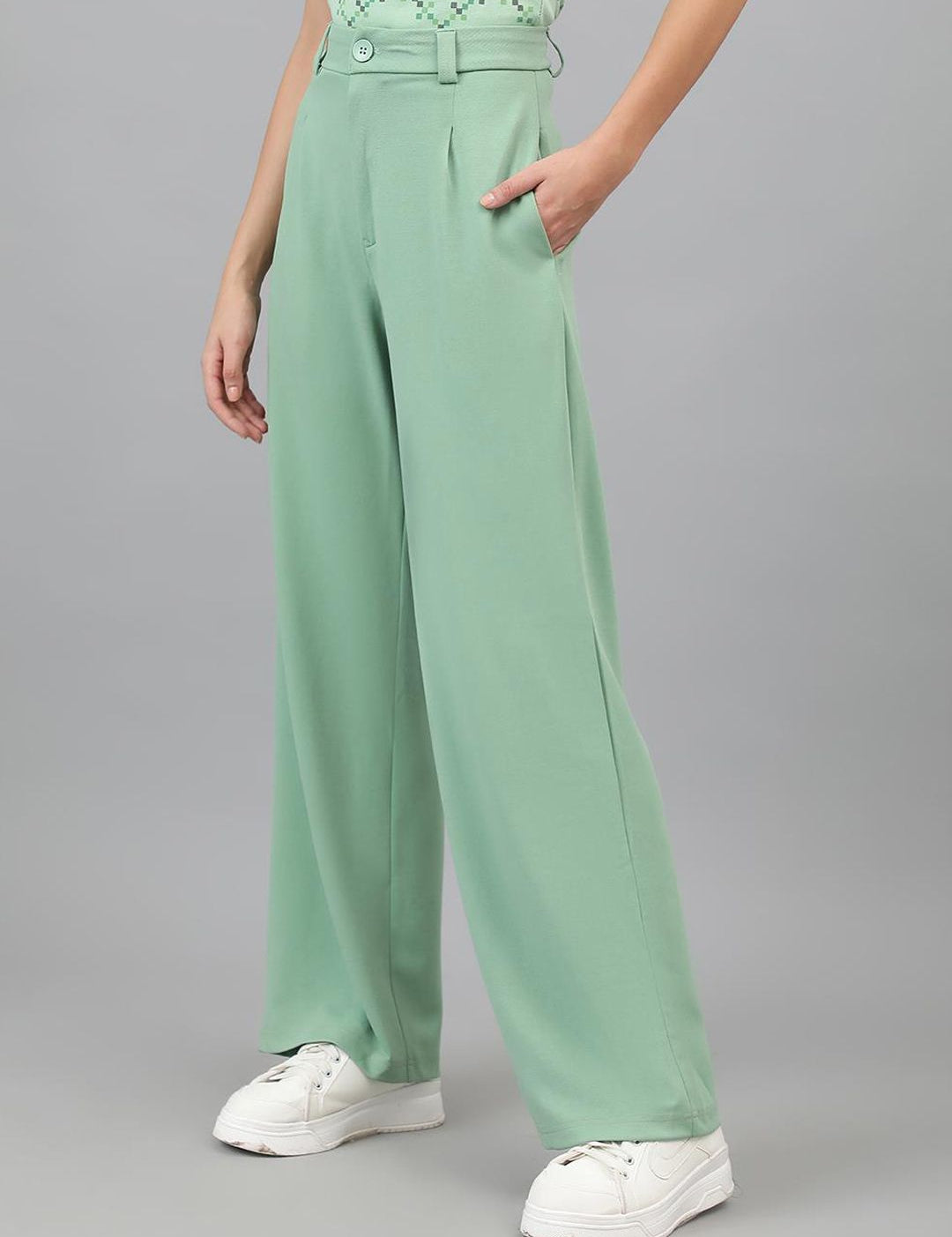 KOTTY BIZwear Women Light green Relaxed Straight Leg High-Rise Easy Wash Pleated Trousers