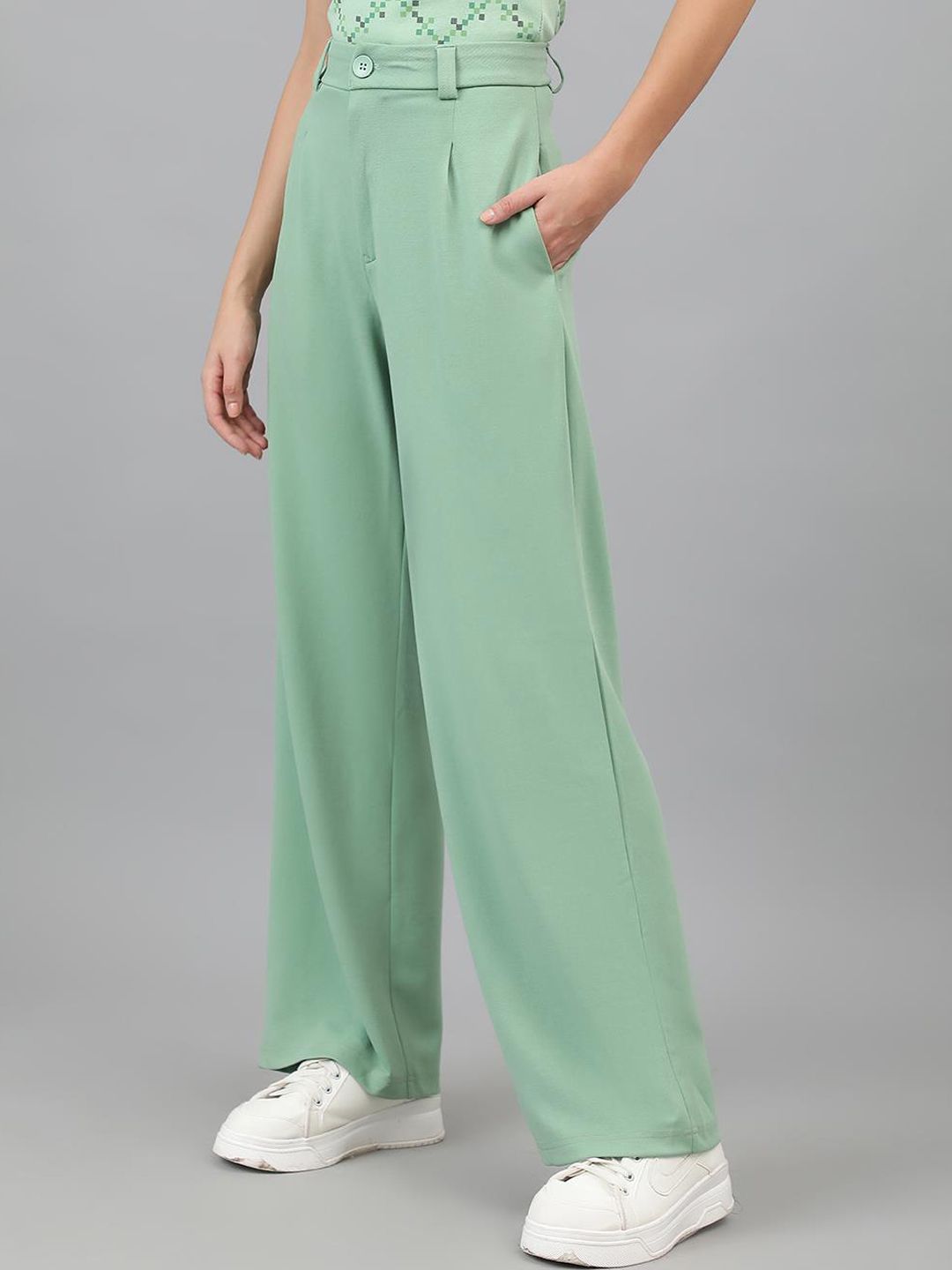 KOTTY BIZwear Women Light green Relaxed Straight Leg High-Rise Easy Wash Pleated Trousers
