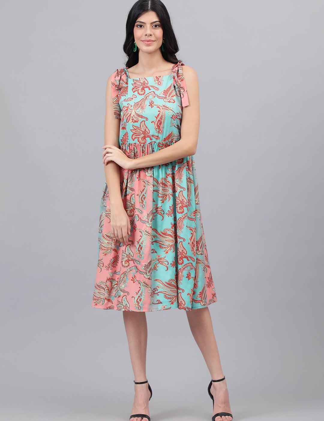 Kotty Pink And Sea Green Paisley Ethnic Print Fit & Flare Midi Dress