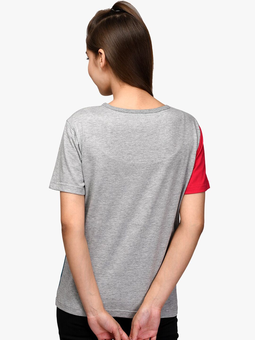 Kotty Women Red & Blue Colourblocked Round Neck T-shirt