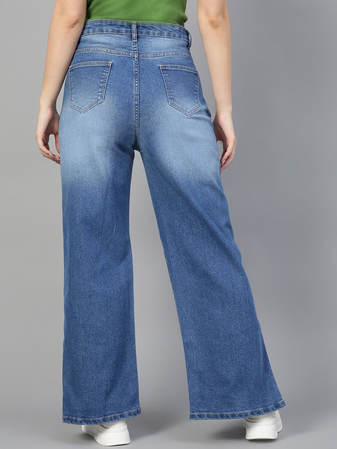 Kotty Women Jean Wide Leg High-Rise Light Fade Stretchable Side Slits Jeans