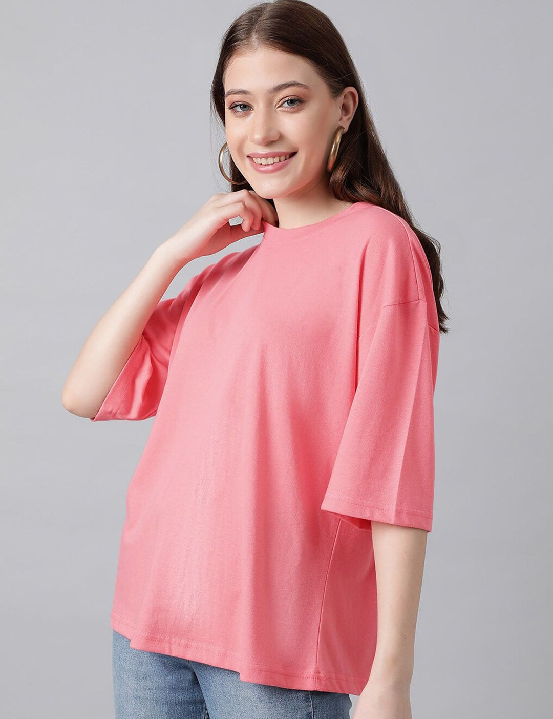 KOTTY Basics Round Neck Drop-Shoulder Sleeves Oversized Fit Cotton T-Shirt