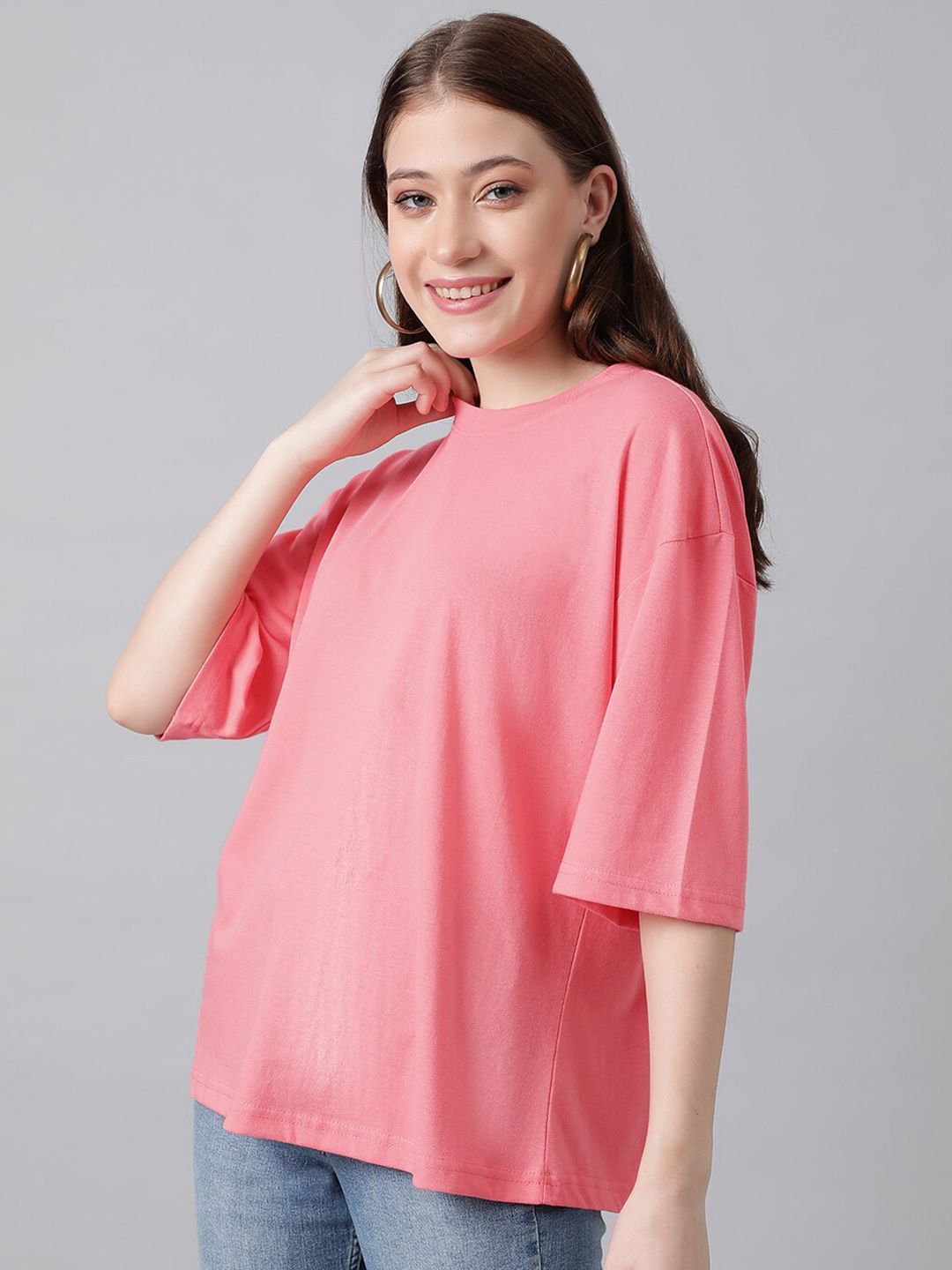 KOTTY Basics Round Neck Drop-Shoulder Sleeves Oversized Fit Cotton T-Shirt