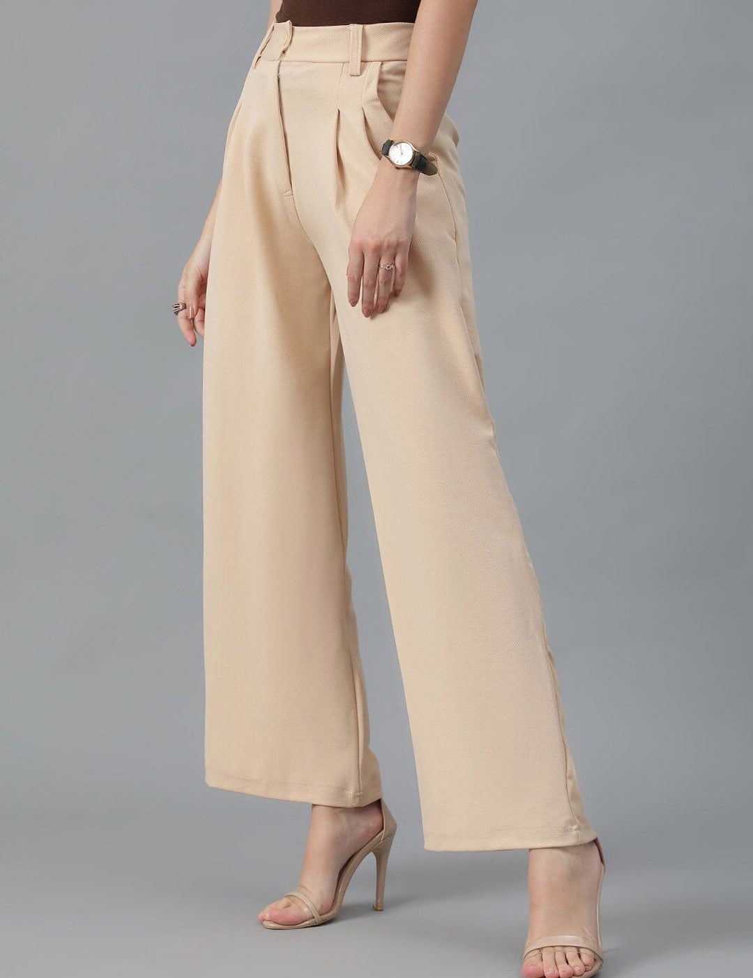 KOTTY BIZwear Women Beige Relaxed Straight Leg High-Rise Easy Wash Parallel Trousers